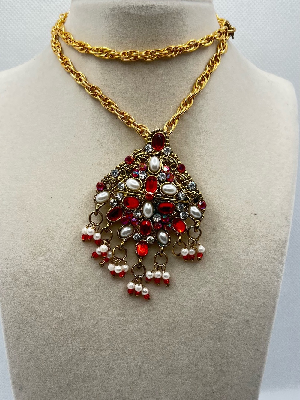 Gold-Tone Red Gem & Pearl Pendant Necklace